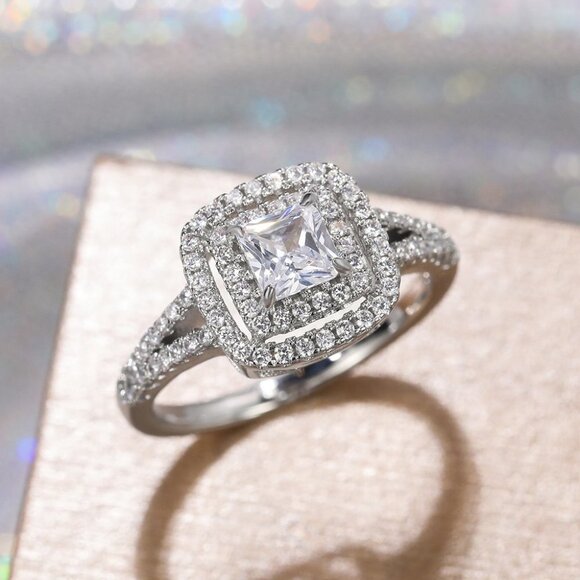 😍PRINCESS CUT 14K WHITE GOLD PURE CZ SQUARE BEAUTIFUL LUXURY WEDDING RING, K904 main image 3